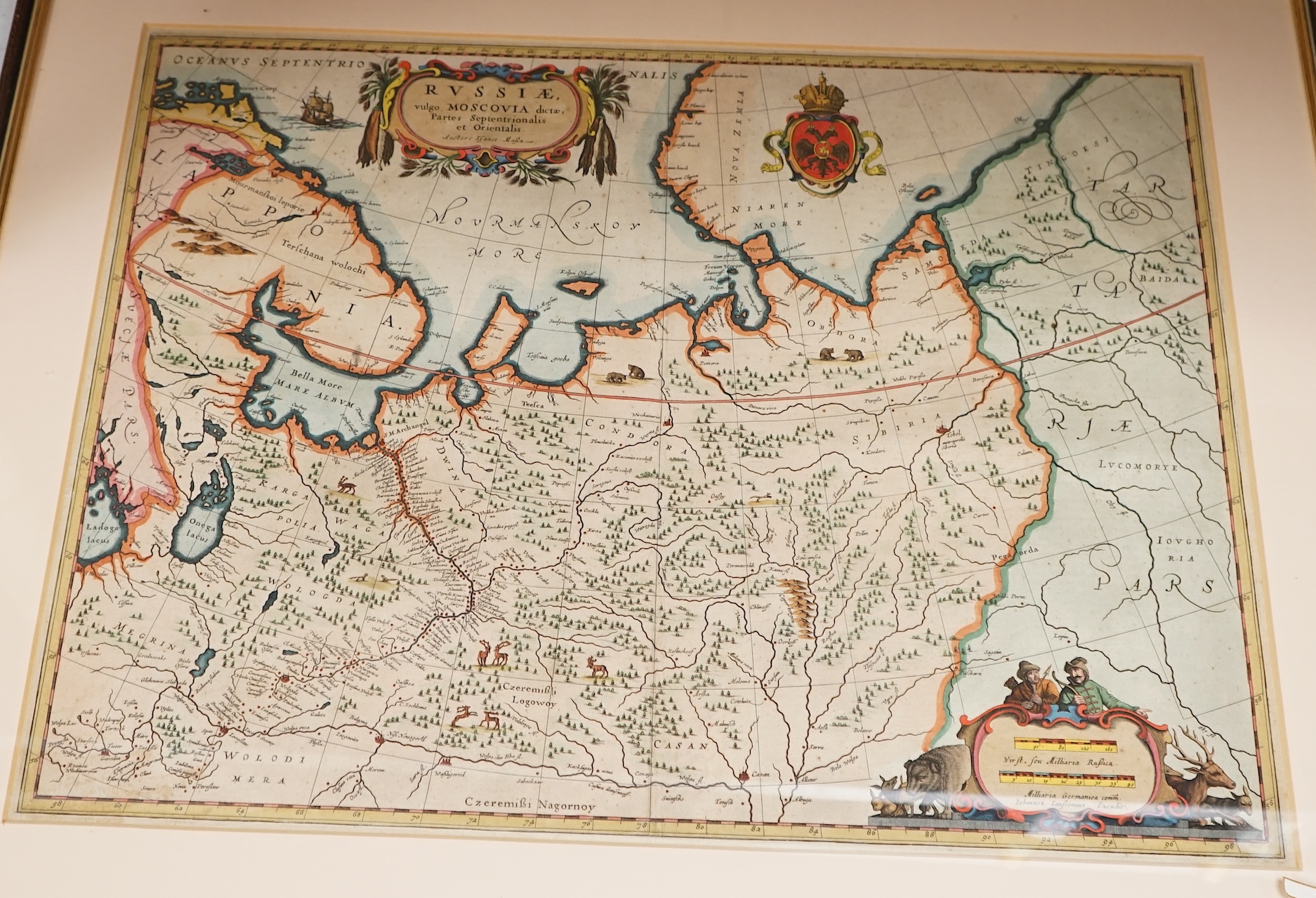 After Isaac Massa (Dutch, 1586-1643), hand coloured engraved map of Moscow, (Russiae Vulgo Moscovia), 43 x 54cm. Condition - fair, some light discolouration and spots of foxing throughout